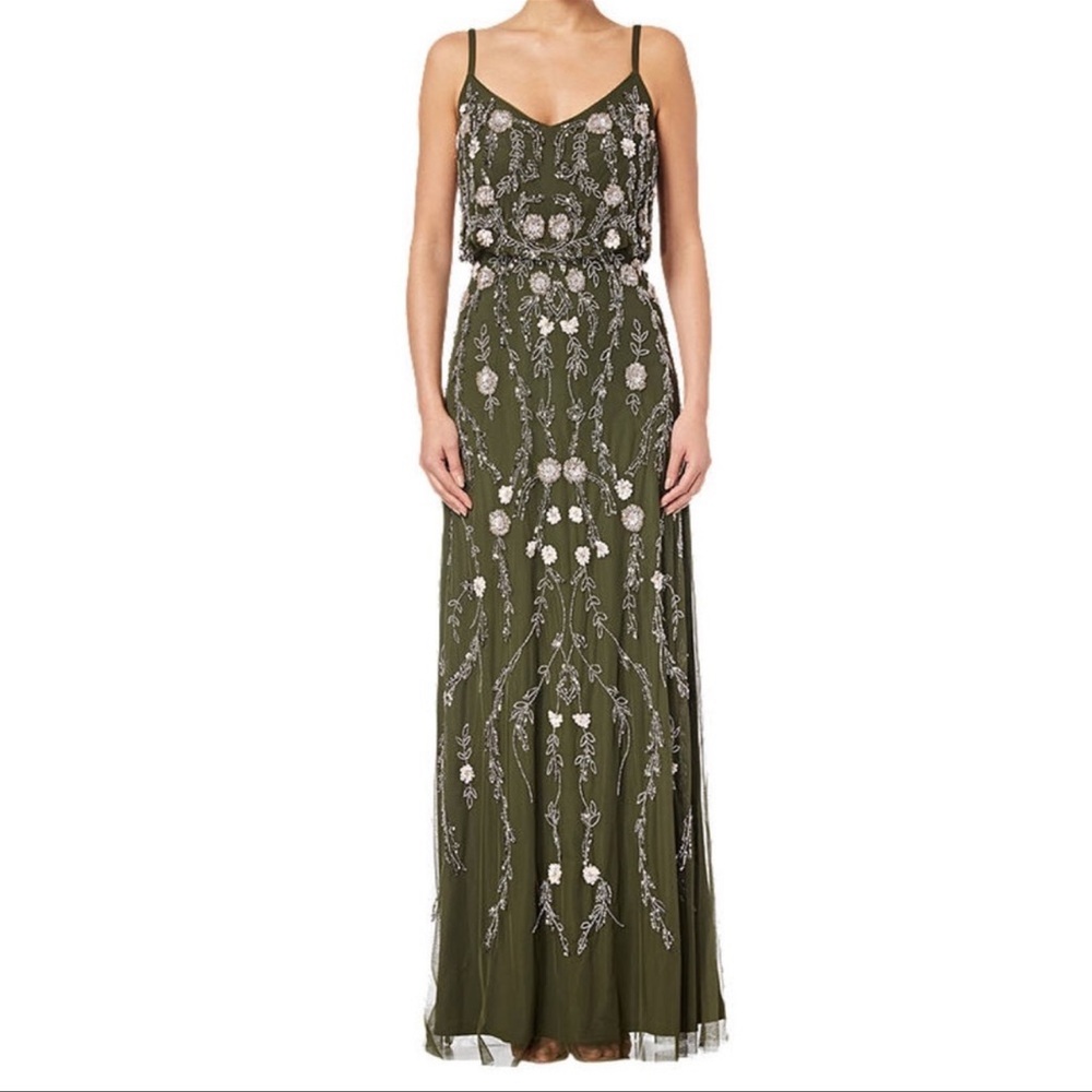 Adrianna Papell Floral Blouson dress in olive beaded maxi size 2 green tulle